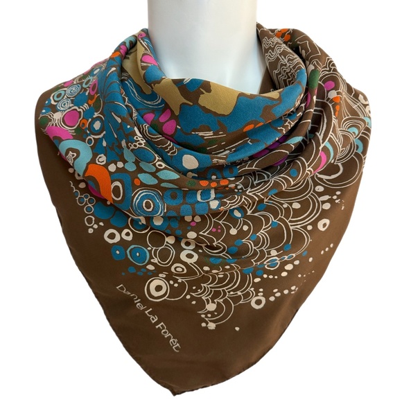 Daniel La Forêt Vintage Silk Scarf – Abstract Mod Print - Hand-Rolled Edges - Picture 1 of 8